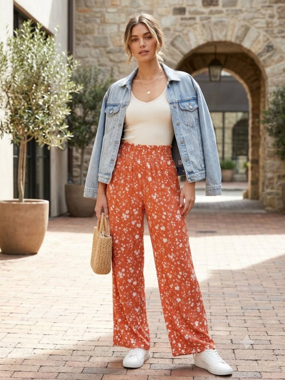 One 5 One Floral Wide Leg Boho Pants Size Small S Orange Coral Smocked Rayon